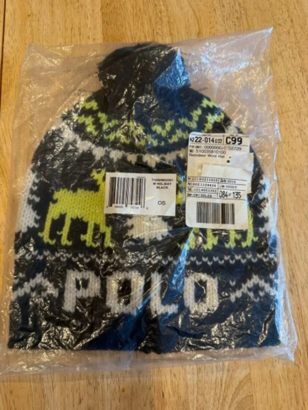 NWT Polo Ralph Lauren Holiday Fair Isle Moose Pom Beanie Hat OS Black